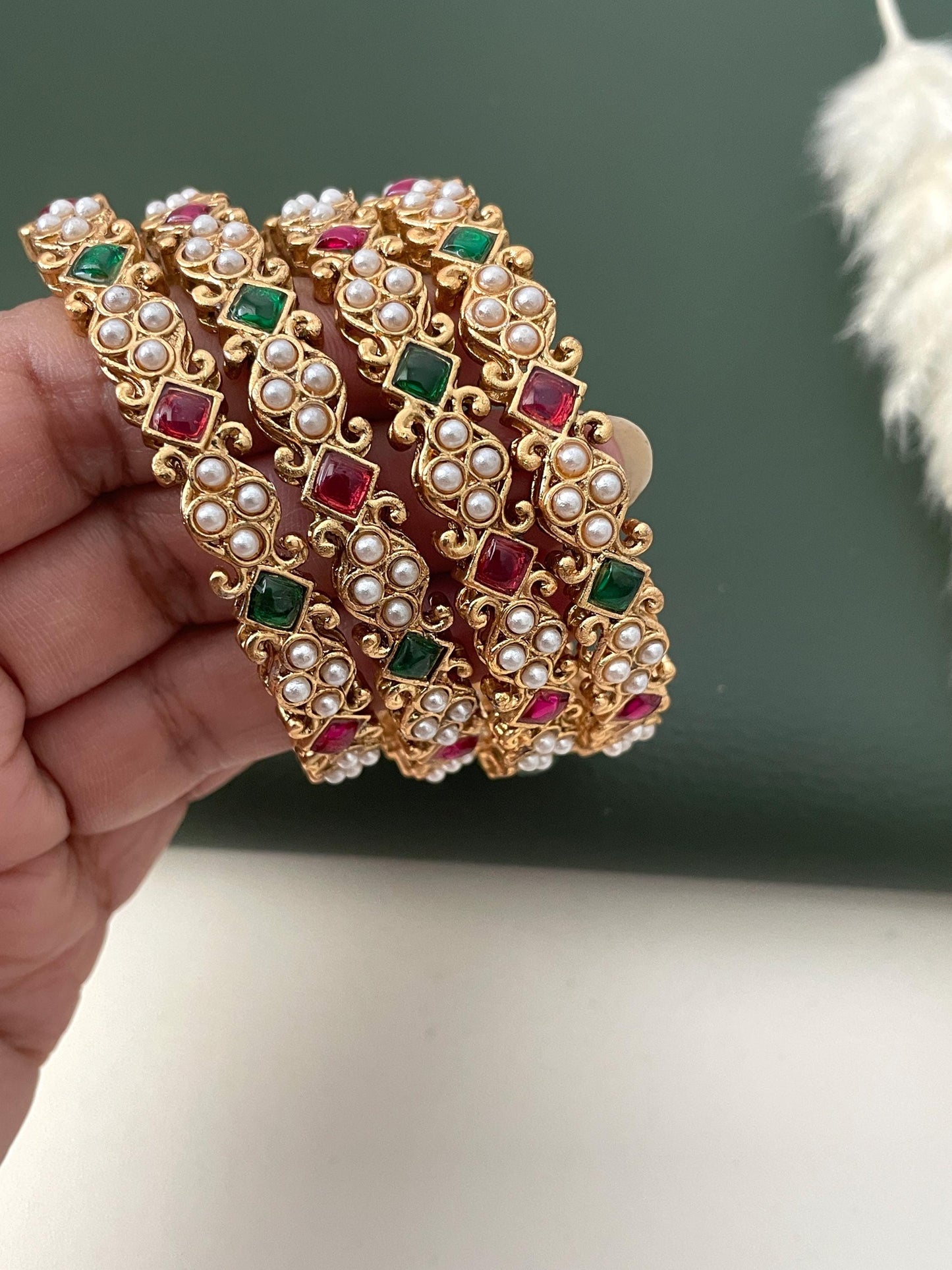 Yellow gold plated Maharastrian motyachya bangadya Pearl kemp stone bangles
