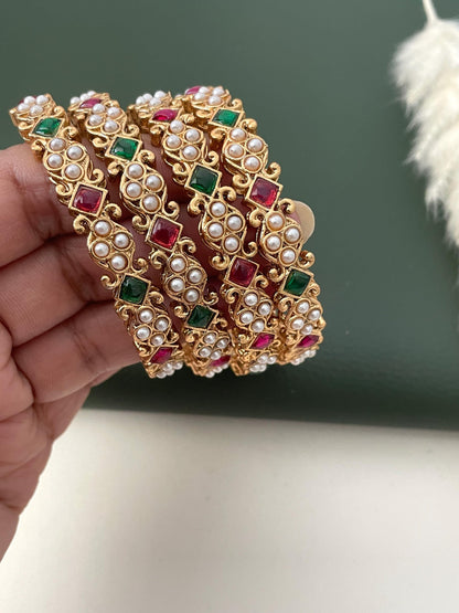 Yellow gold plated Maharastrian motyachya bangadya Pearl kemp stone bangles