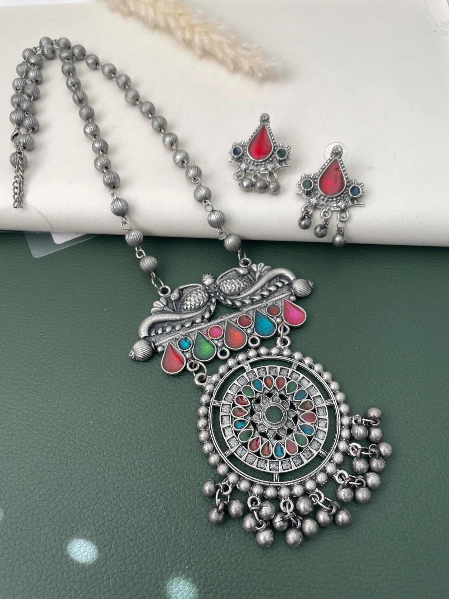Oxidized Multicolor Necklace Earring Set: Vibrant Pendant, Garba Jewelry