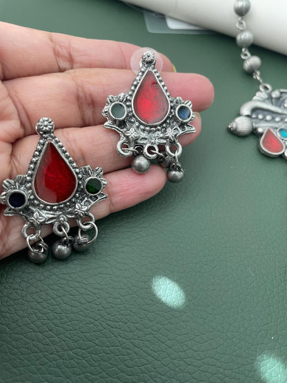 Oxidized Multicolor Necklace Earring Set: Vibrant Pendant, Garba Jewelry