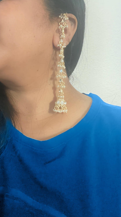 Kundan gold plated long jhumki with ear hain | Lightweight jewelry