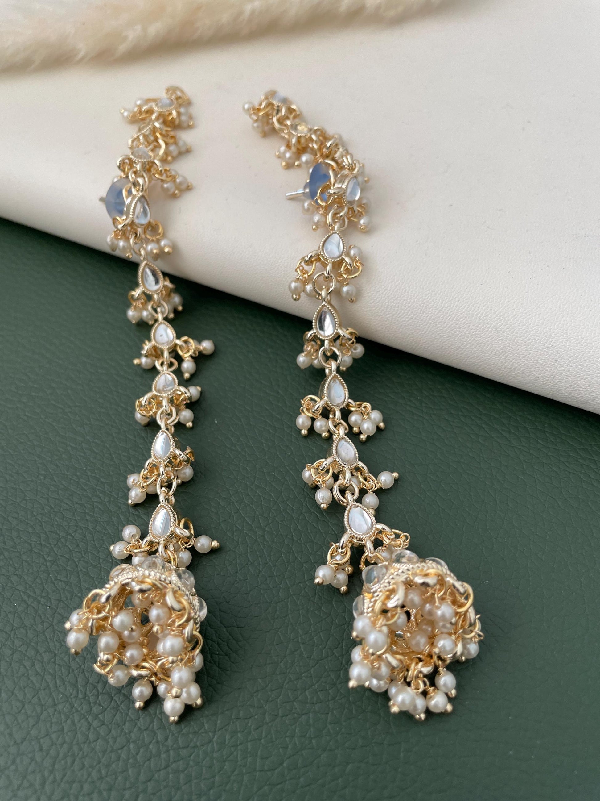 Kundan gold plated long jhumki with ear hain | Lightweight jewelry