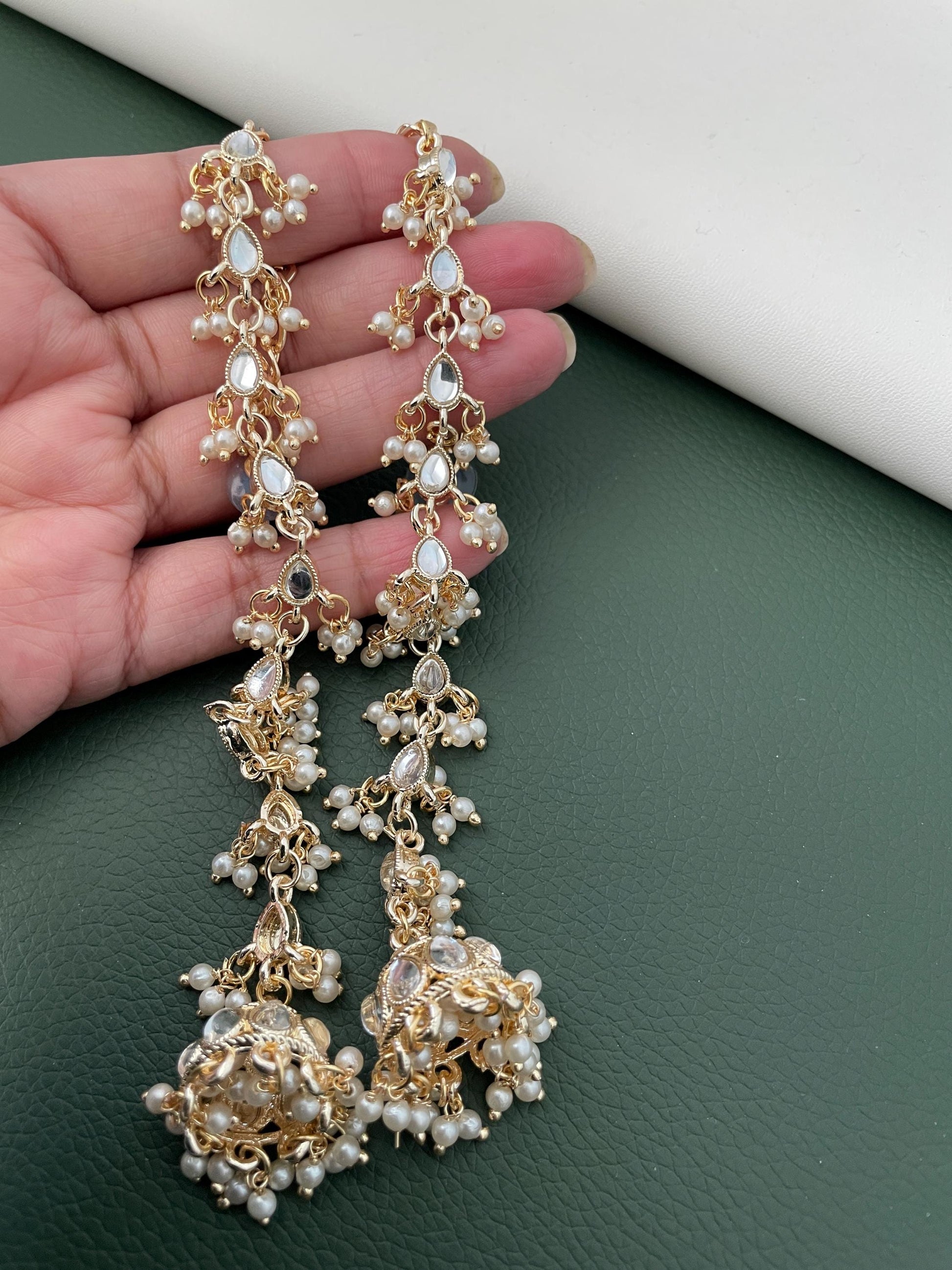 Kundan gold plated long jhumki with ear hain | Lightweight jewelry