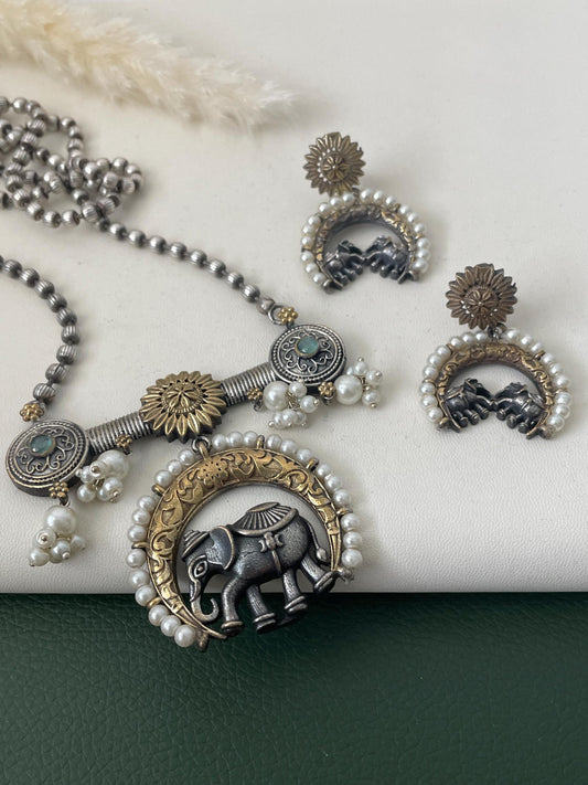 Black Oxidised, gold , Oxidised plated high quality elephant themed stunning necklace set with earrings