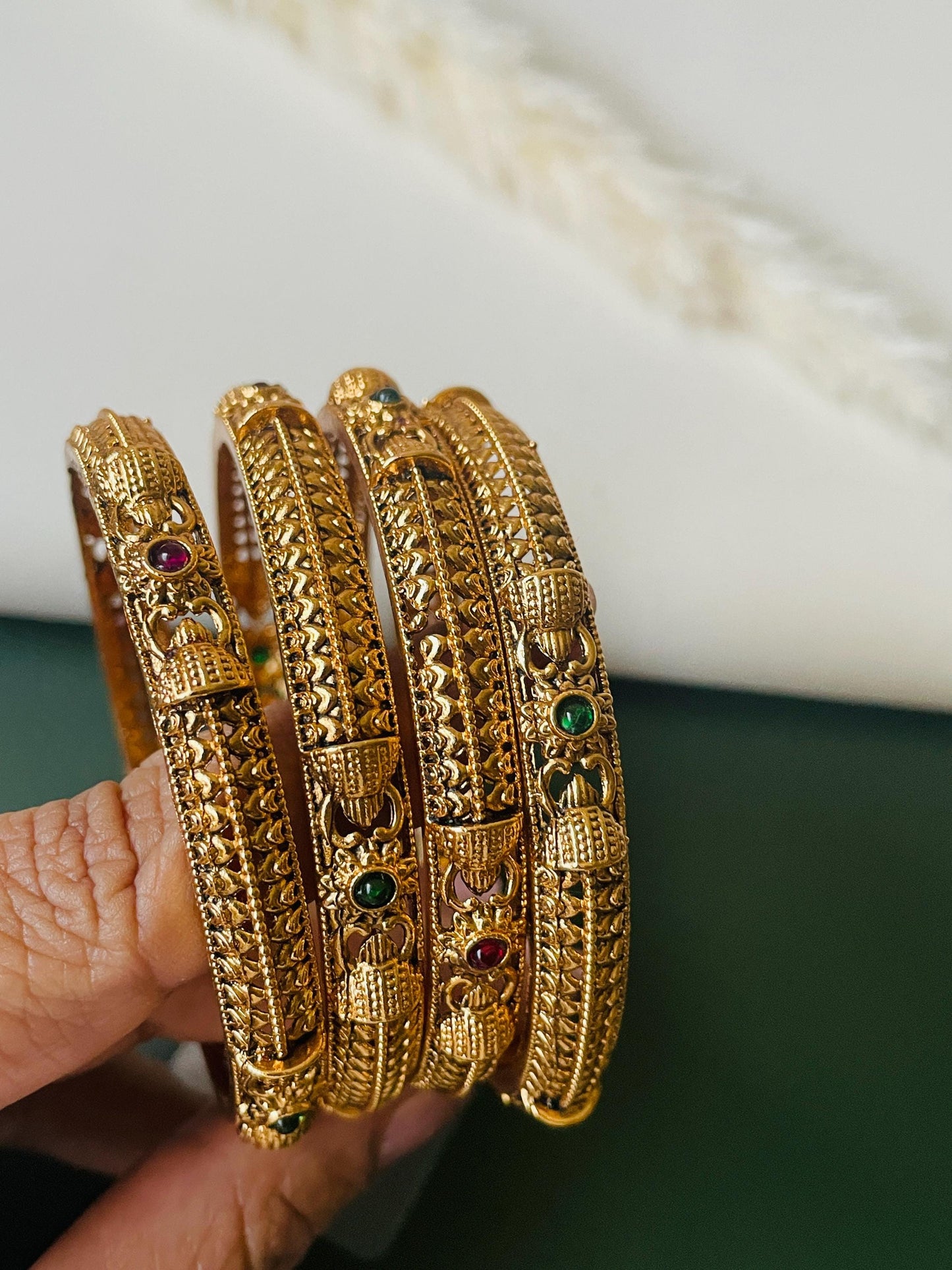 Antique Gold Plated Indian Bangles: Ruby & Green Stone Set
