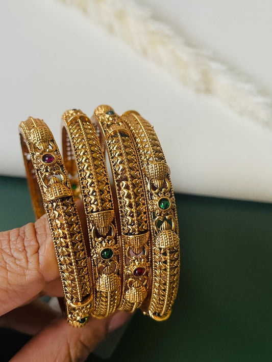 Antique Gold Plated Indian Bangles: Ruby & Green Stone Set