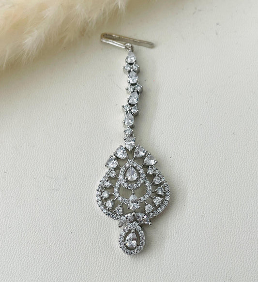 CZ Maang Tikka: Rhodium Plated Indian Wedding Headpiece