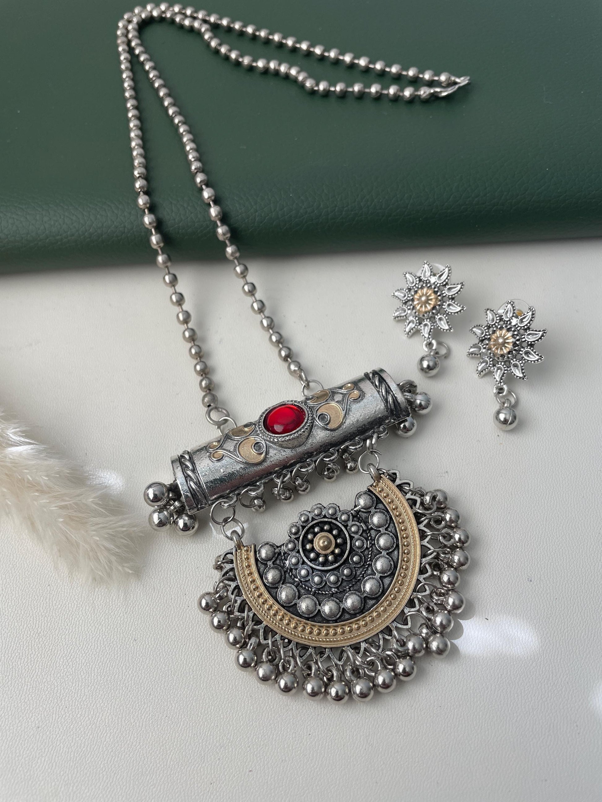 Dual tone Oxidised long necklace set for Garba Navratri