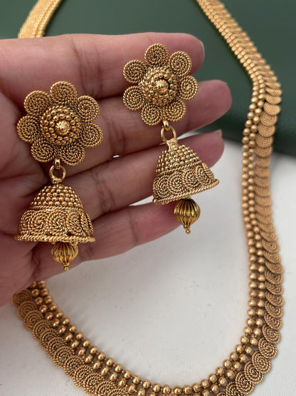 Traditional long gold plated necklace with jhumkis