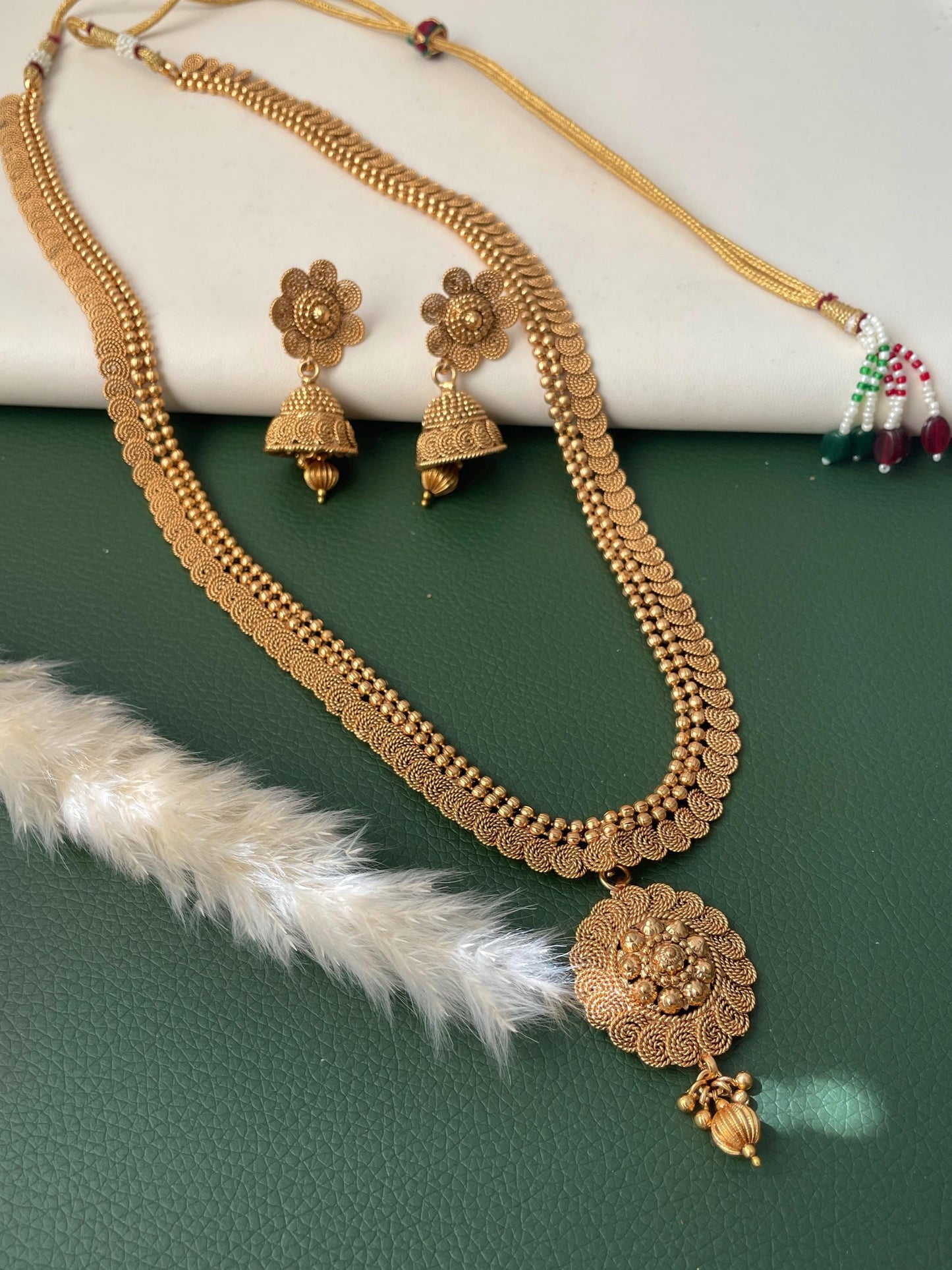 Traditional long gold plated necklace with jhumkis
