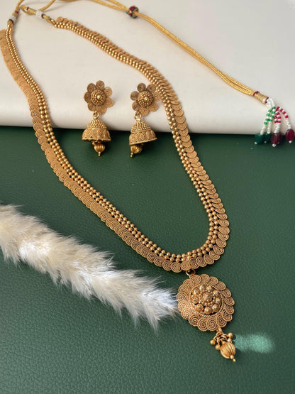 Traditional long gold plated necklace with jhumkis