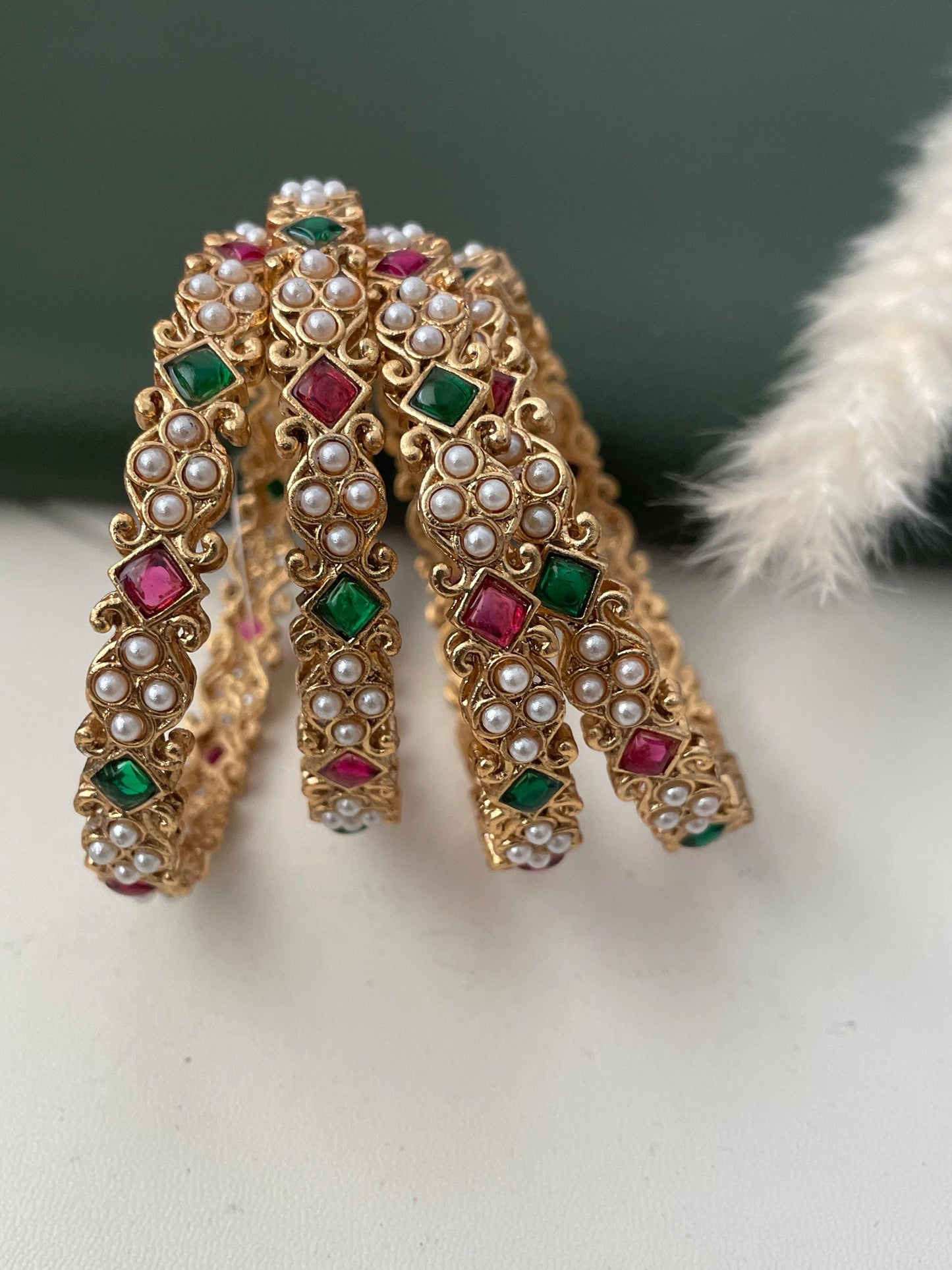 Yellow gold plated Maharastrian motyachya bangadya Pearl kemp stone bangles