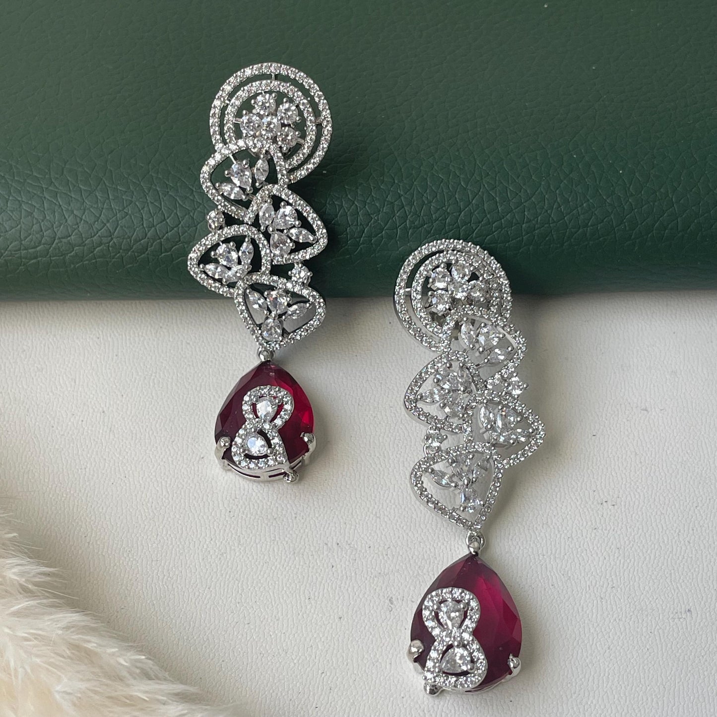 Ruby & Cubic Zirconia Drop Earrings: Silver Plated Party Jewelry