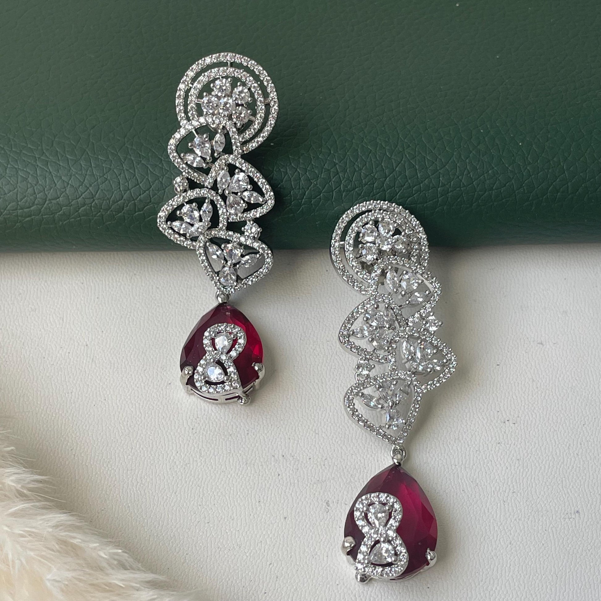 Ruby & Cubic Zirconia Drop Earrings: Silver Plated Party Jewelry