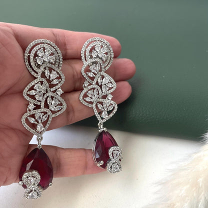 Ruby & Cubic Zirconia Drop Earrings: Silver Plated Party Jewelry