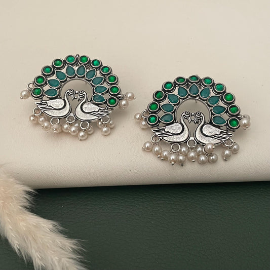 Emerald green Oxidised peacock  earrings with pearl . Lightweight Oxidised jewelry