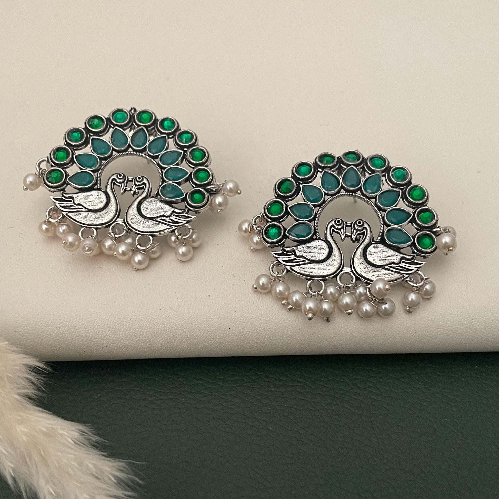 Emerald Peacock Earrings: Oxidized Silver, Lightweight Temple Jewelry
