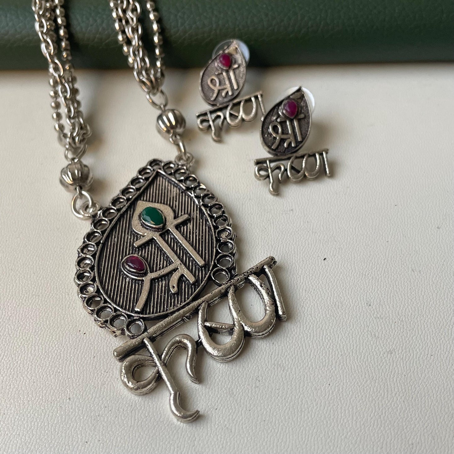 Oxidized Shri Krishna Necklace Set: Long Pendant, Matching Earrings