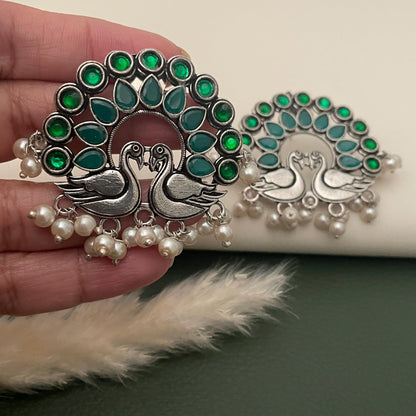 Emerald Peacock Earrings: Oxidized Silver, Lightweight Temple Jewelry