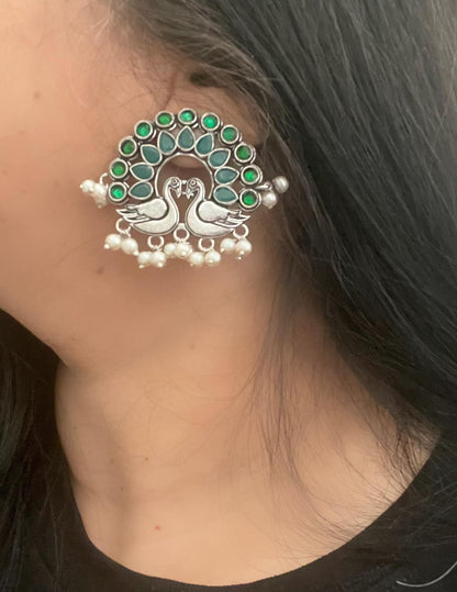 Emerald Peacock Earrings: Oxidized Silver, Lightweight Temple Jewelry