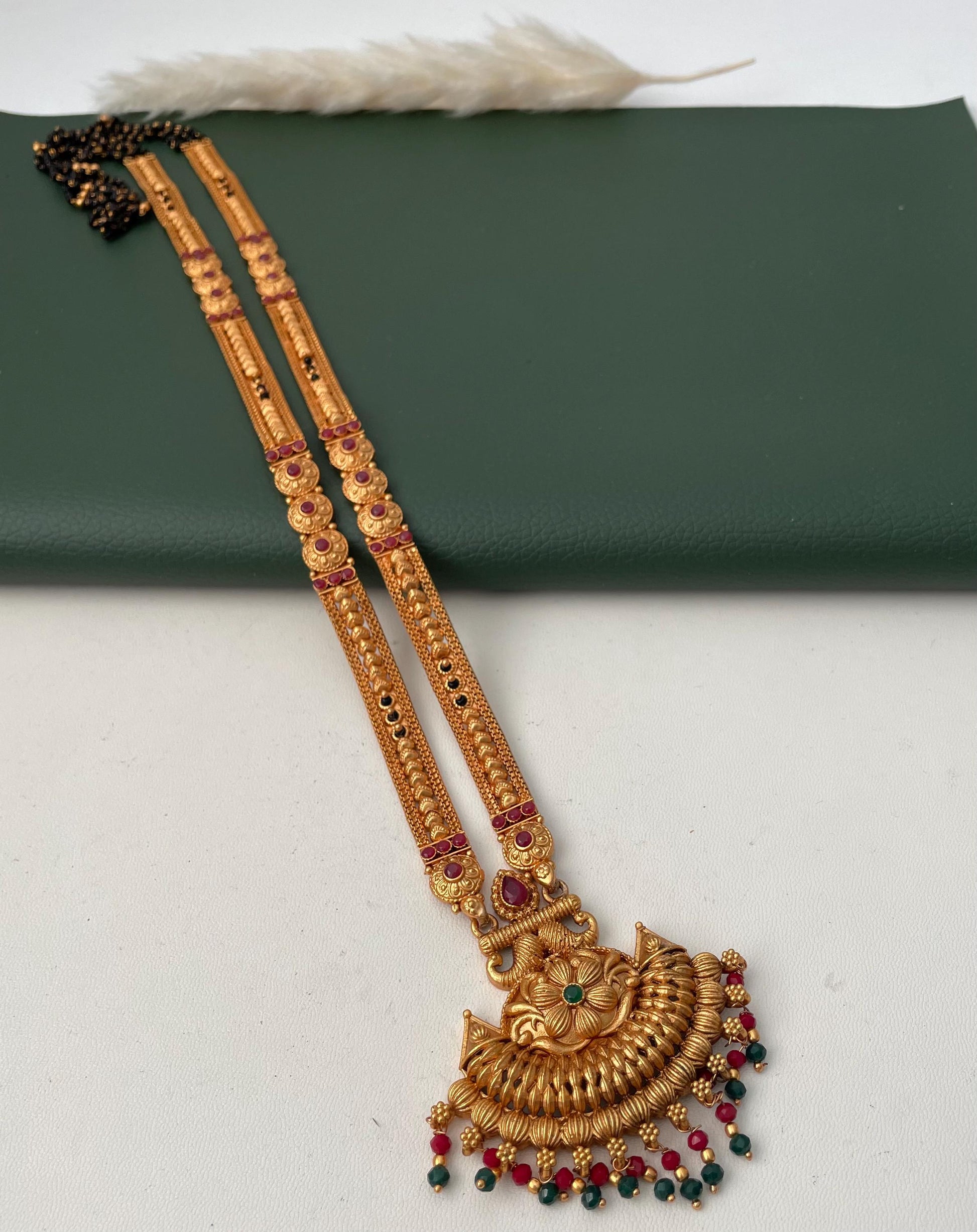 Gold Plated Mangalsutra Necklace: Black Beads, Saree Jewelry