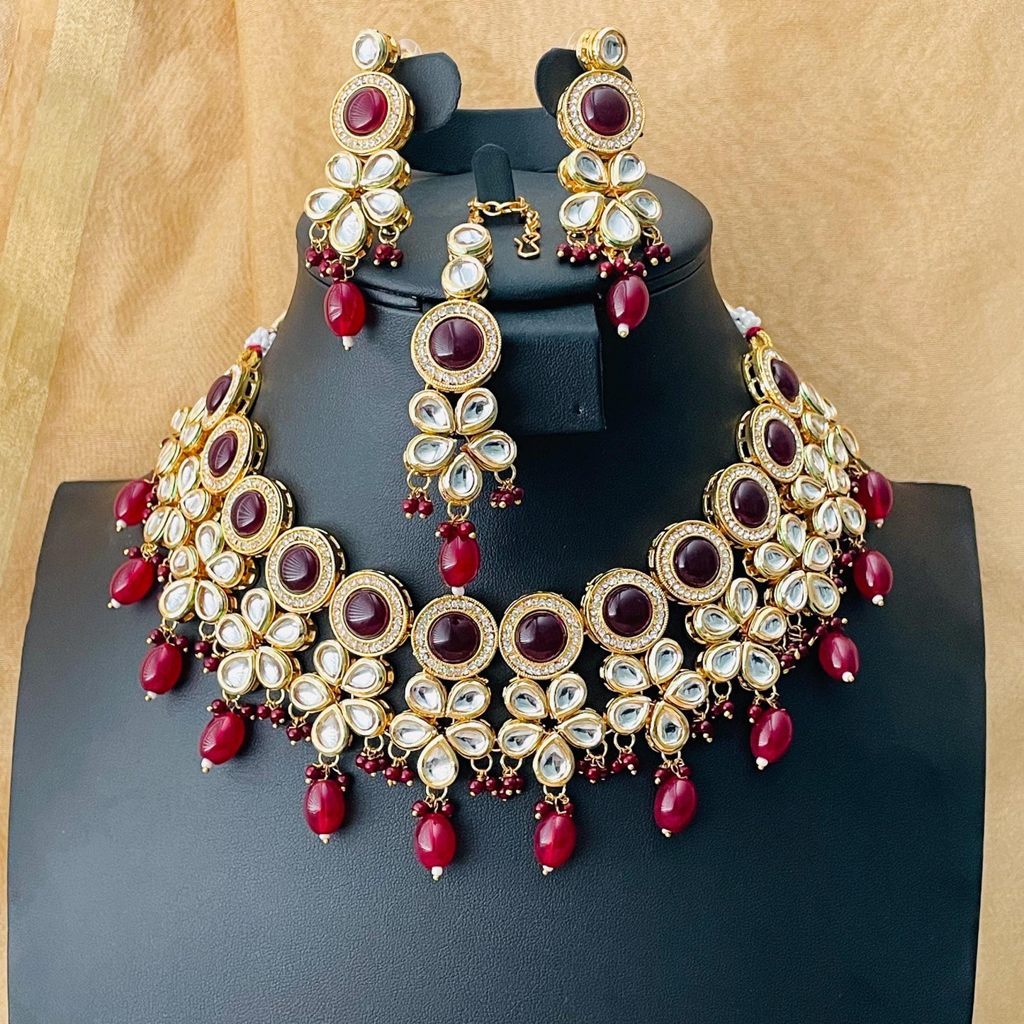 Maroon color kundan and AD necklace set with Maang tika | bridal jewelry