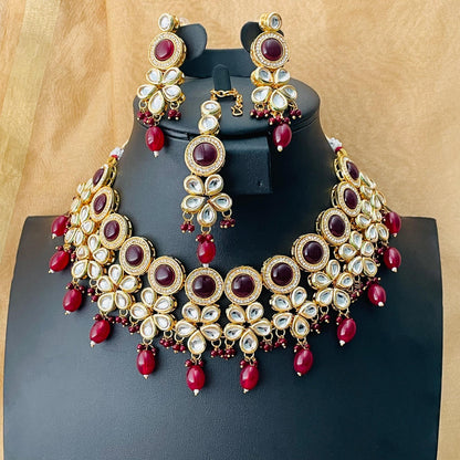 Maroon color kundan and AD necklace set with Maang tika | bridal jewelry