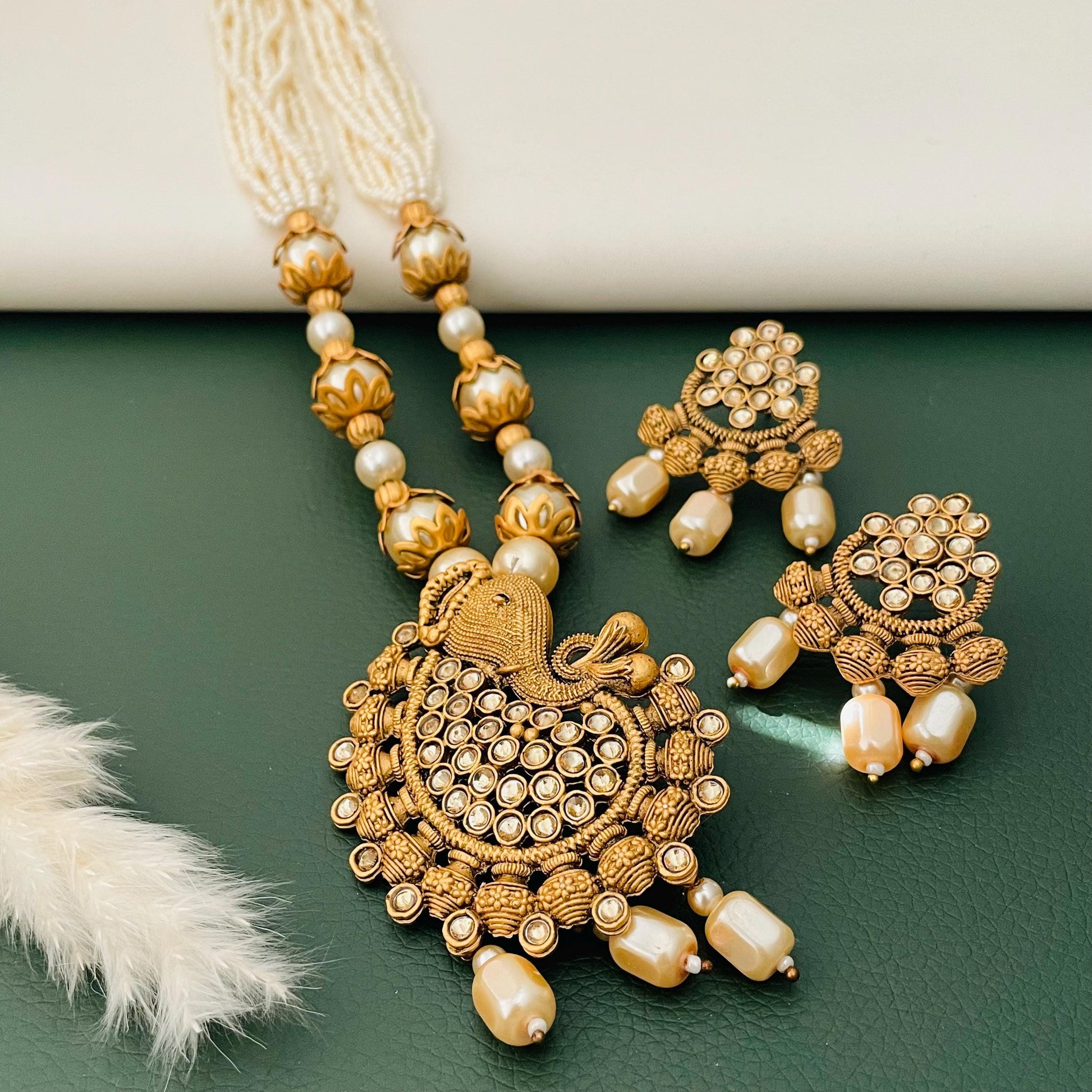 Rajawadi Polish Ganapati Pendant Necklace Set: Antique Gold Pearl Jewelry