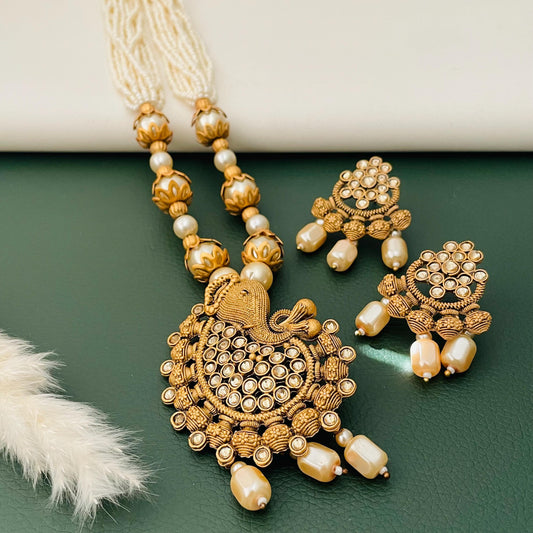 Rajawadi Polish Ganapati Pendant Necklace Set: Antique Gold Pearl Jewelry