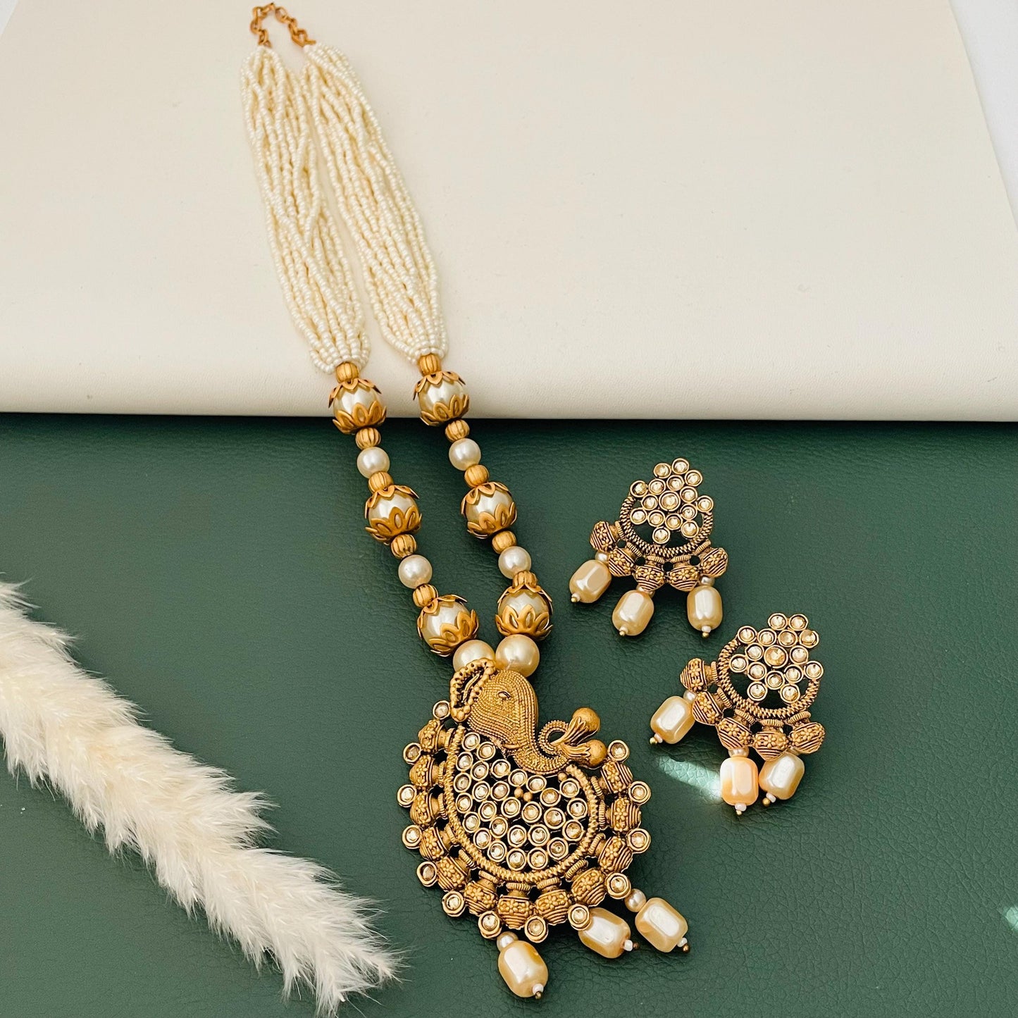 Rajawadi Polish Ganapati Pendant Necklace Set: Antique Gold Pearl Jewelry