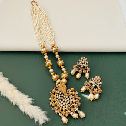 Rajawadi Polish Ganapati Pendant Necklace Set: Antique Gold Pearl Jewelry