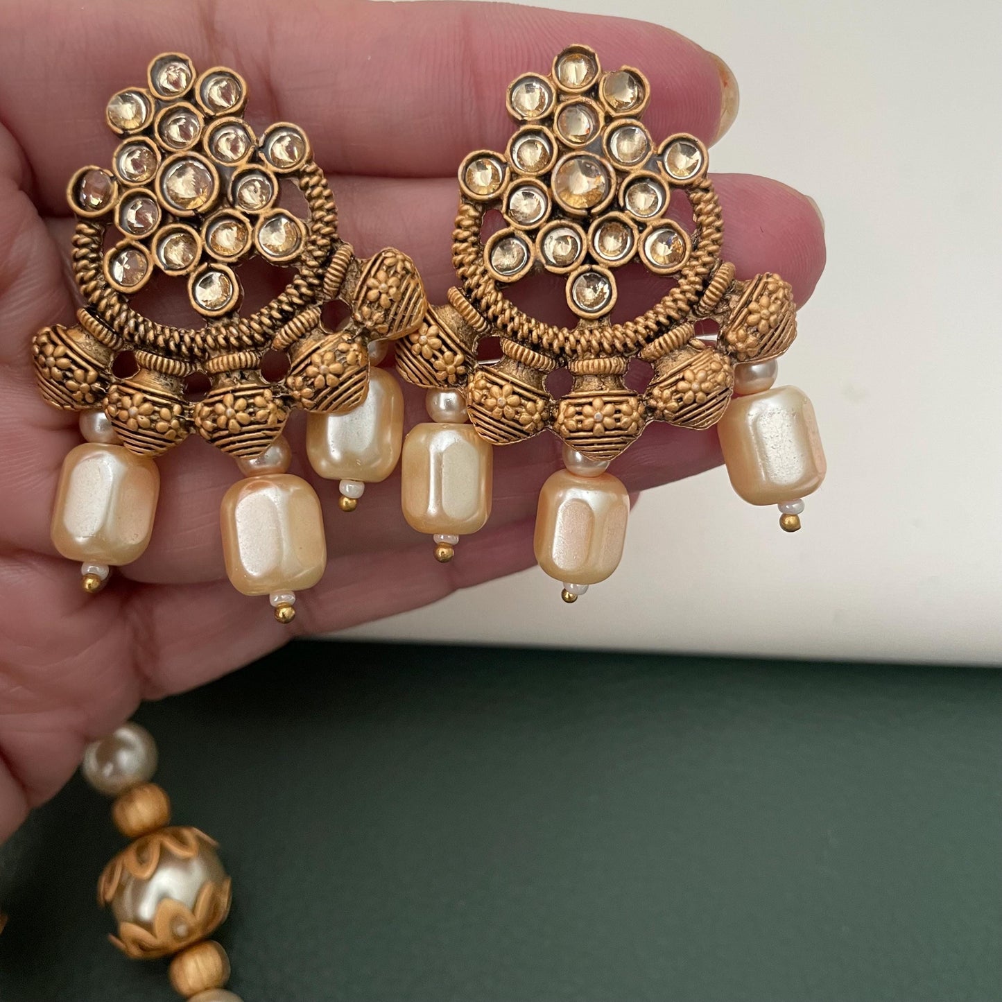 Rajawadi Polish Ganapati Pendant Necklace Set: Antique Gold Pearl Jewelry