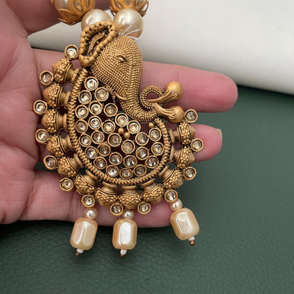 Rajawadi Polish Ganapati Pendant Necklace Set: Antique Gold Pearl Jewelry