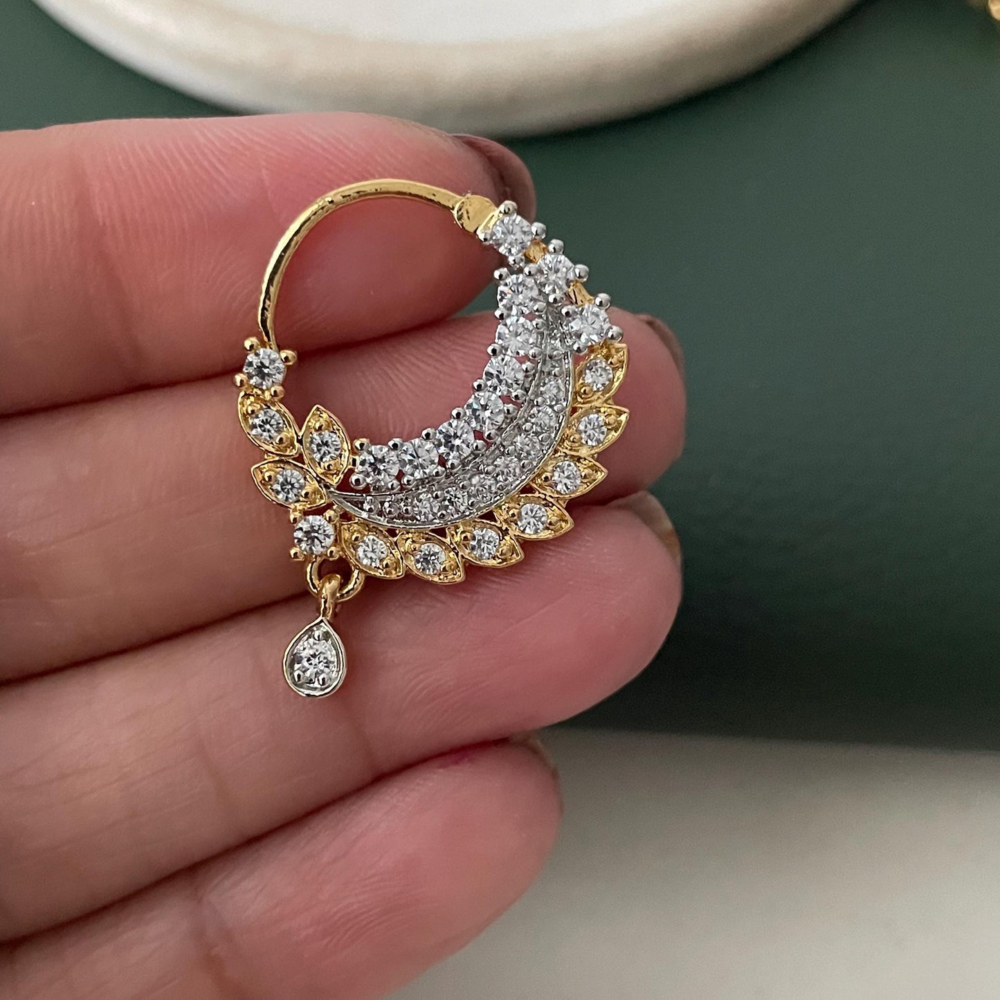 Gold & Rhodium Plated Cubic Zirconia Nath - Pierced Nose Ring