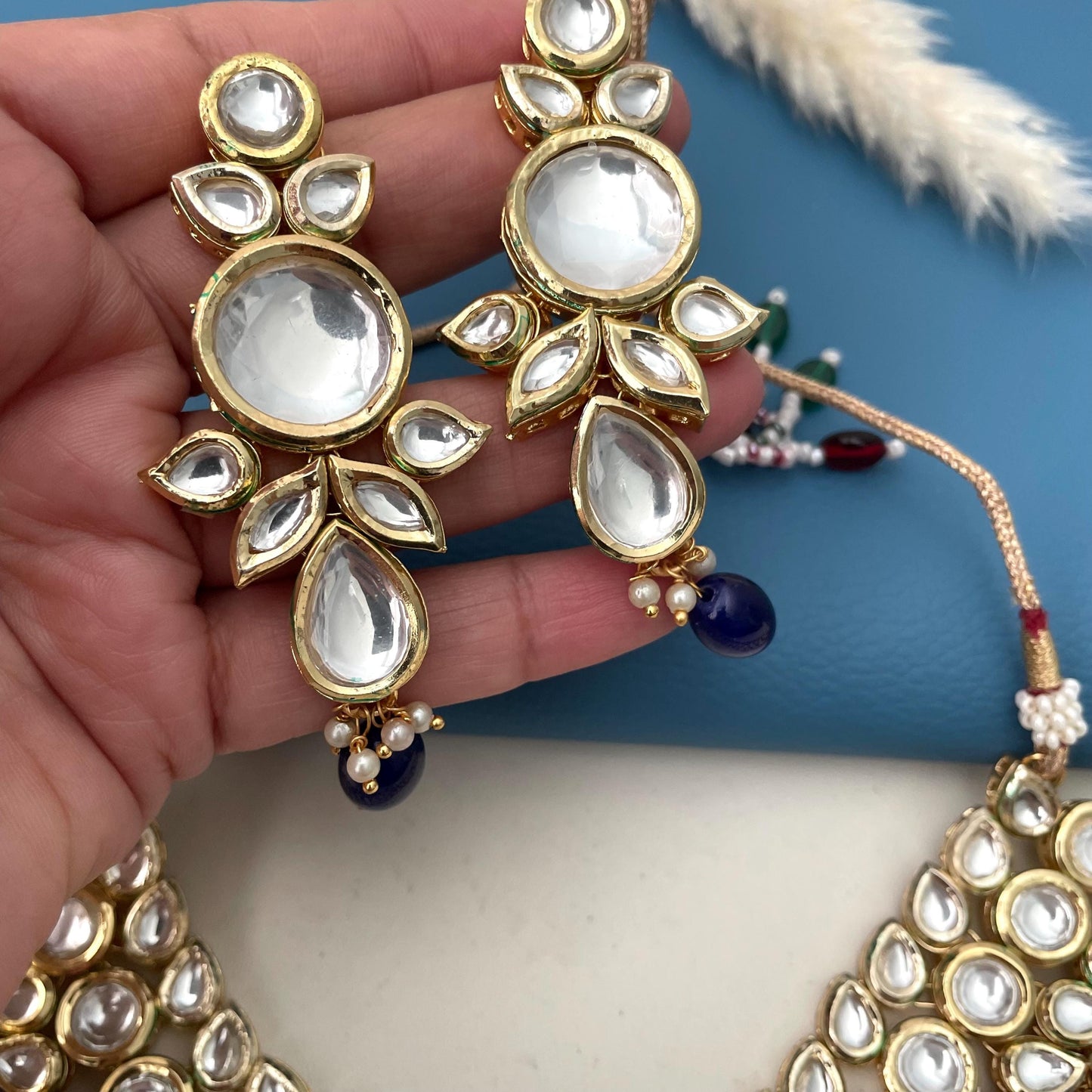 Blue Kundan Choker Set: Peach & Pearl Bridal Jewelry