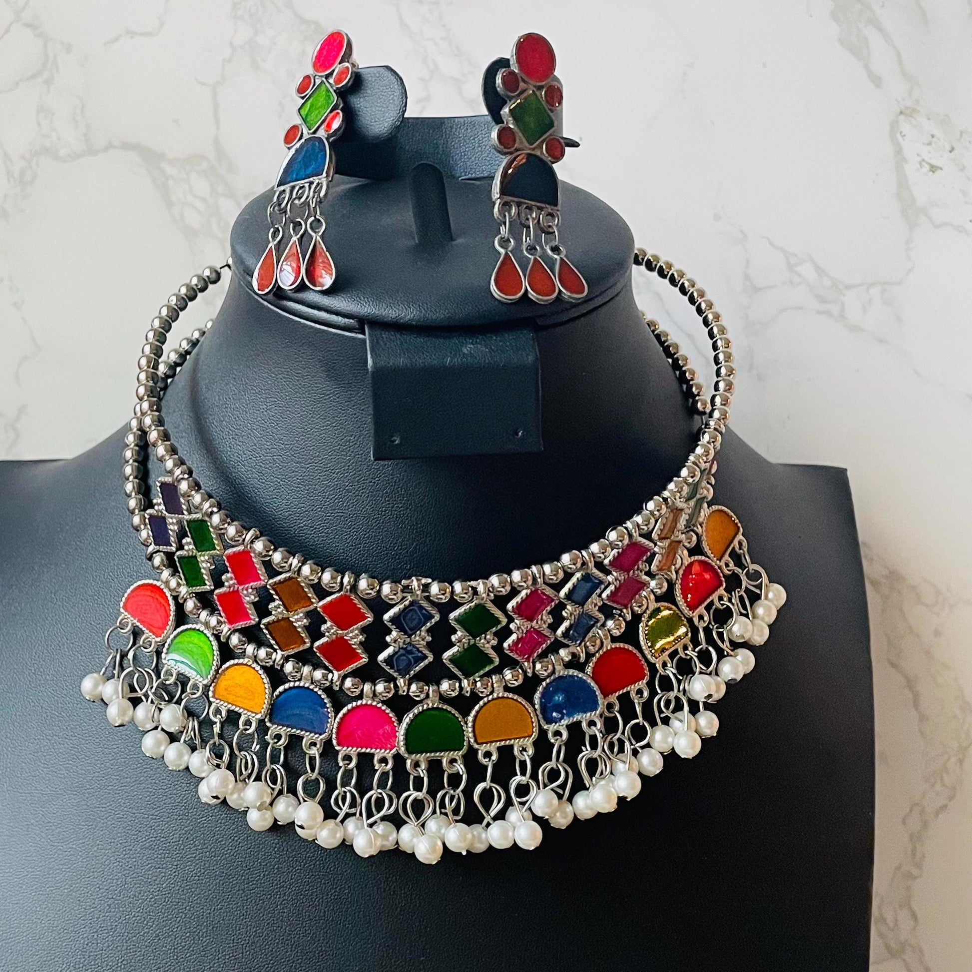 Oxidized Multicolor Hasli Set: Navratri Garba Choker & Earrings