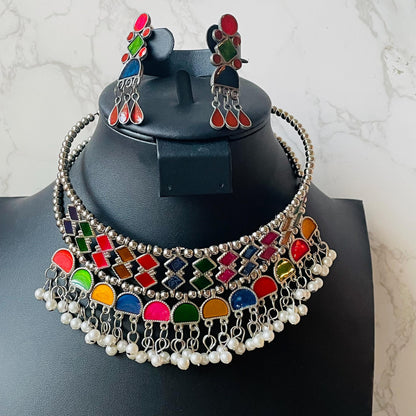 Oxidized Multicolor Hasli Set: Navratri Garba Choker & Earrings