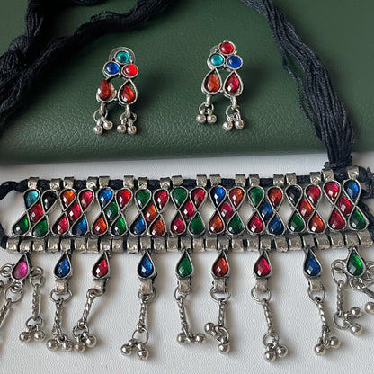 Oxidized Multicolor Hasli Set: Navratri Garba Choker & Earrings