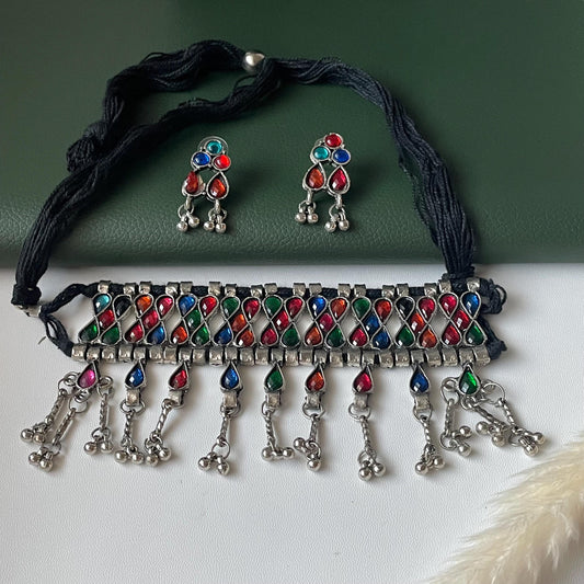 Oxidized Multicolor Hasli Set: Navratri Garba Choker & Earrings