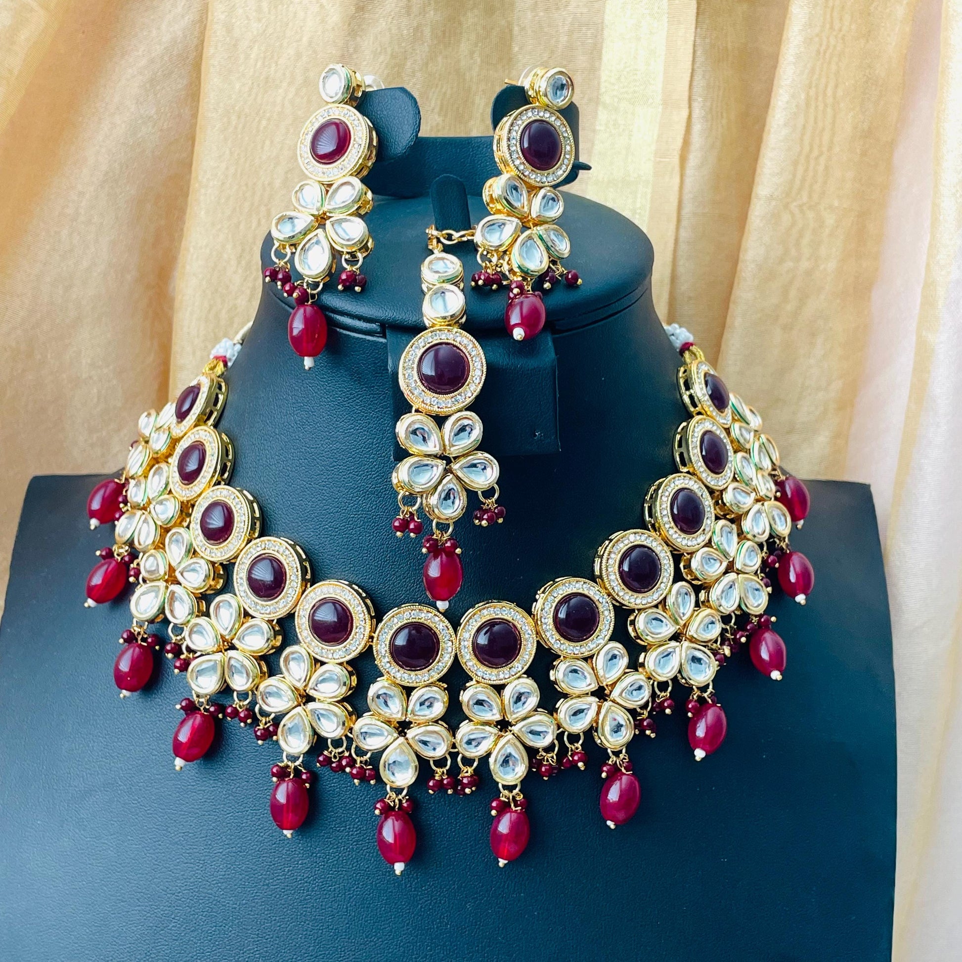 Maroon color kundan and AD necklace set with Maang tika | bridal jewelry