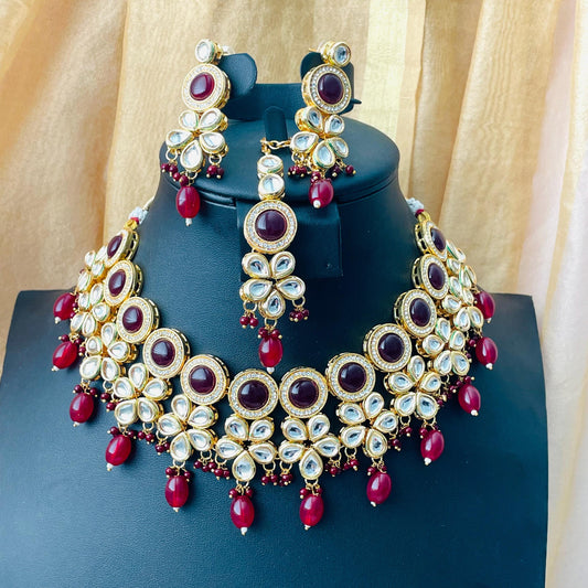Maroon color kundan and AD necklace set with Maang tika | bridal jewelry