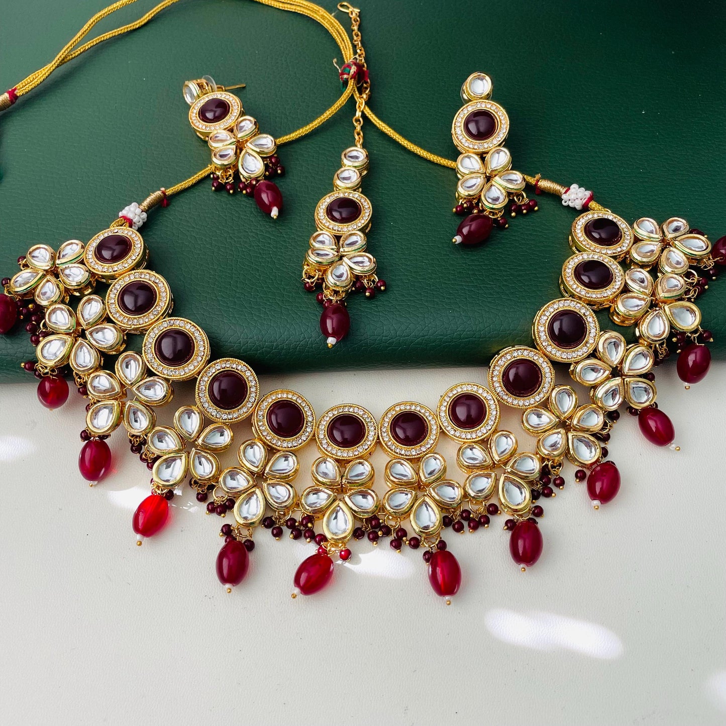 Maroon color kundan and AD necklace set with Maang tika | bridal jewelry