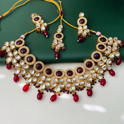 Maroon color kundan and AD necklace set with Maang tika | bridal jewelry