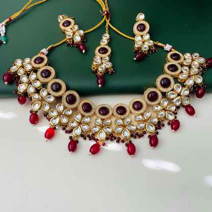 Maroon color kundan and AD necklace set with Maang tika | bridal jewelry
