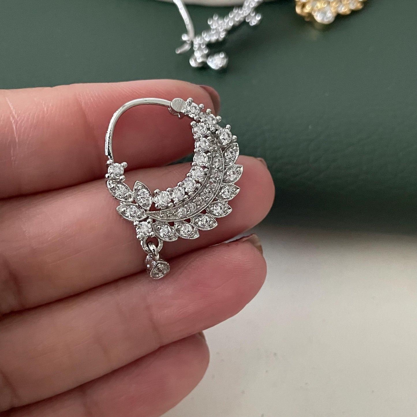 Gold & Rhodium Plated Cubic Zirconia Nath - Pierced Nose Ring