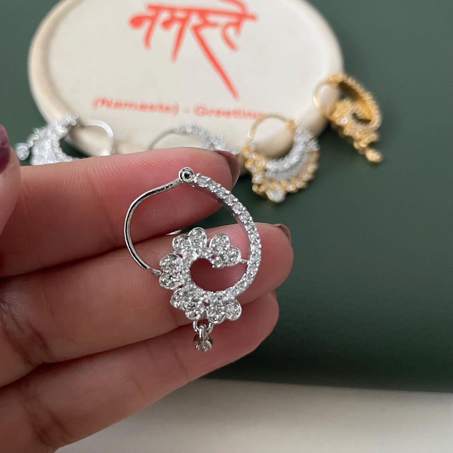 Gold & Rhodium Plated Cubic Zirconia Nath - Pierced Nose Ring