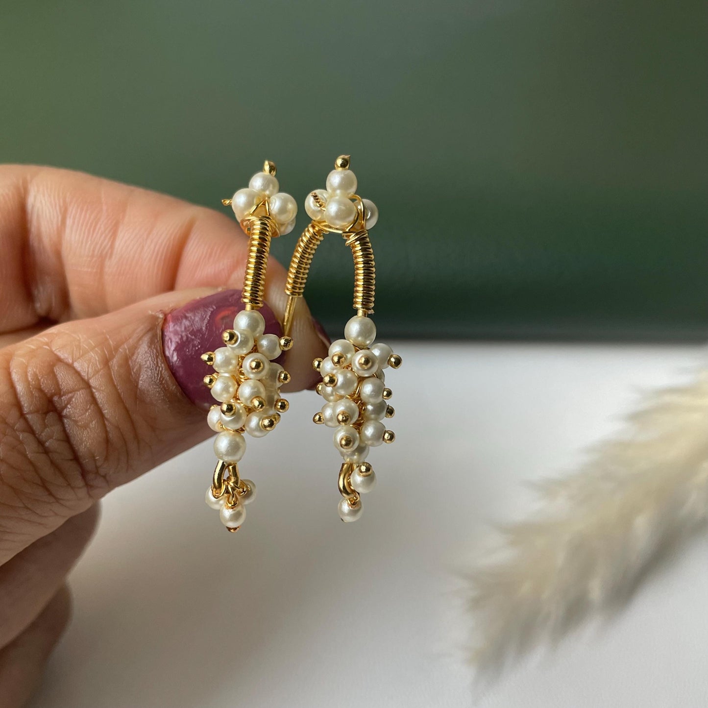Maharashtrian Bugadi Earrings: Moti, CZ Ruby, Pearl Clip-Ons