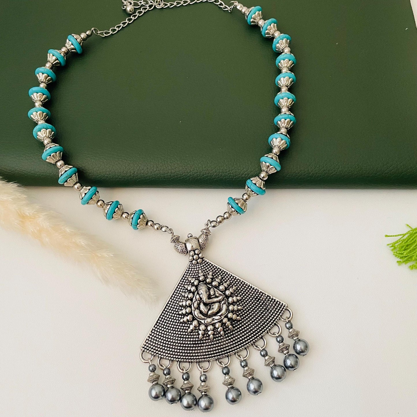 Nysaa Oxidised blue grey Ganapati pendent necklace