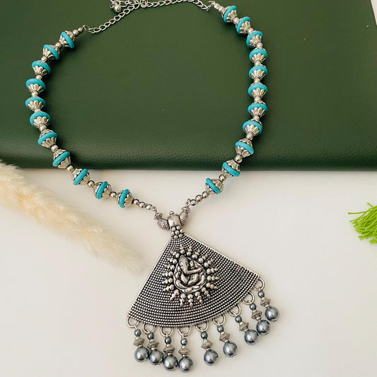 Nysaa Oxidised blue grey Ganapati pendent necklace