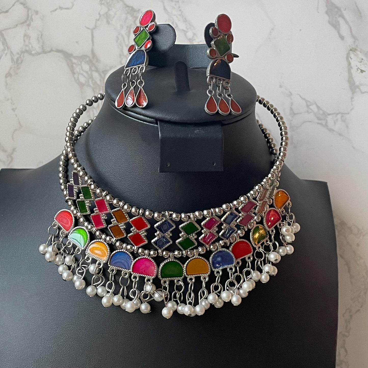 Oxidized Multicolor Hasli Set: Navratri Garba Choker & Earrings